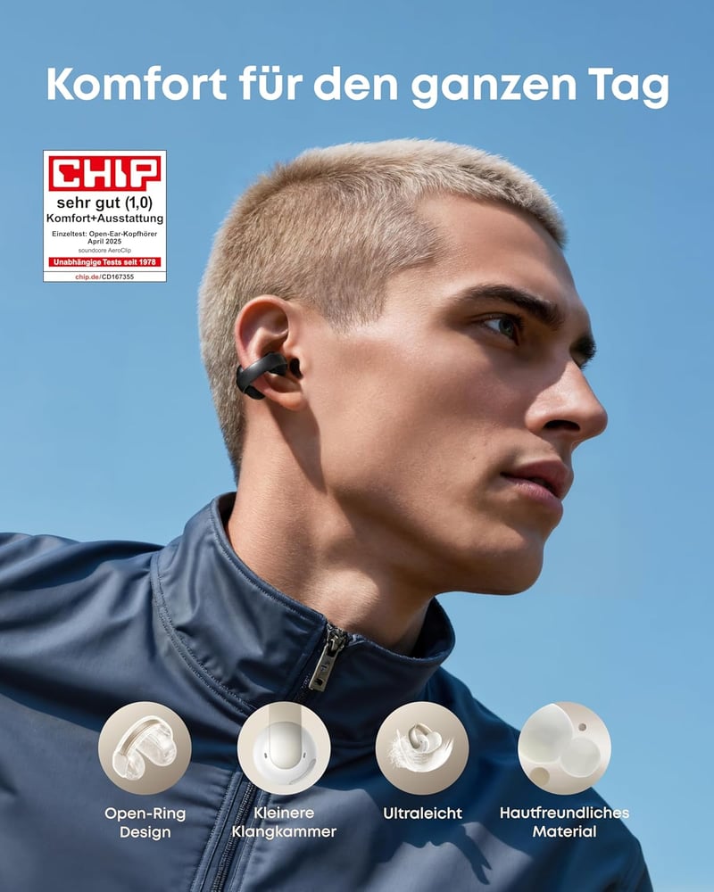soundcore AeroClip nyitott fülhallgató Bluetooth, 12mm meghajtó, egész napos kényelem - Midnight