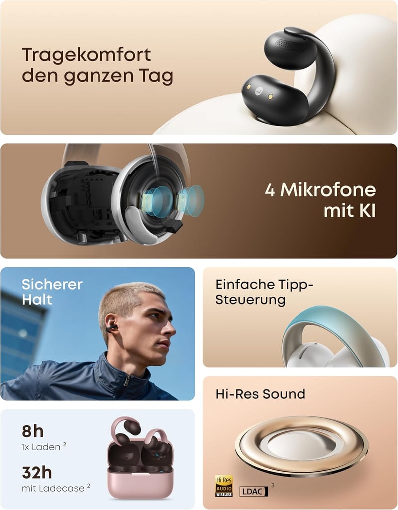 soundcore AeroClip nyitott fülhallgató Bluetooth, 12mm meghajtó, egész napos kényelem - Midnight