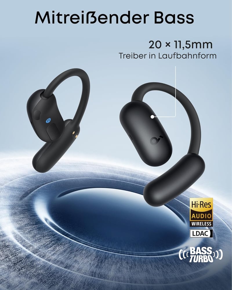 soundcore AeroFit 2 nyitott fülhallgató, állítható fülfüggelékek, mély basszus, 42 órás játékidő, Bluetooth 5.4, vezeték nélküli töltés, IP5 - black, standard