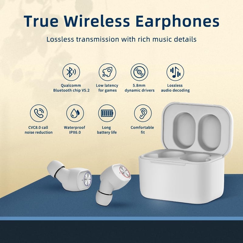 SoundMAGIC T60BT Bluetooth fülhallgató vezeték nélküli HiFi stereo mikrofon vízálló fehér