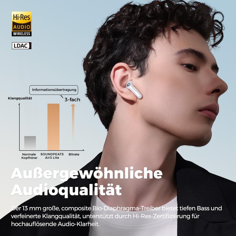 SoundPEATS Air5 Lite Bluetooth Fülhallgató - Hi-Res Hangzás, LDAC Kodek, 13mm Meghajtó, Térhangzás, Zajszűrés, 30 Órás Üzemidő, Applikációs 