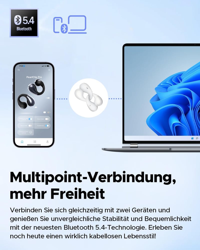 SoundPEATS PearlClip Pro Bluetooth Fülhallgató, Fülre Csíptethető, 5.4 Bluetooth, 3D Hangzás, 24 Órás Üzemidő, Gyorstöltés, IPX5 Vízálló, 12