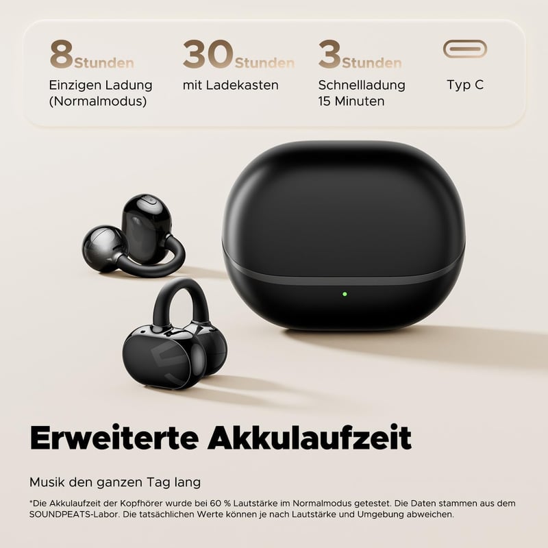 SoundPEATS POP Nyitott Vezeték Nélküli Fülhallgató, Könnyű Bluetooth 5.4, 30 Órás Üzemidő, Csíptethető, IPX5 Vízálló, Sportoláshoz, Futáshoz