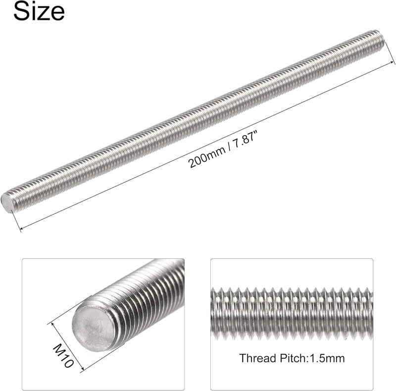 sourcing map M10x200mm Teljes Menetes Rozsdamentes Acél Rúd Jobb Menet - M10 x 200mm