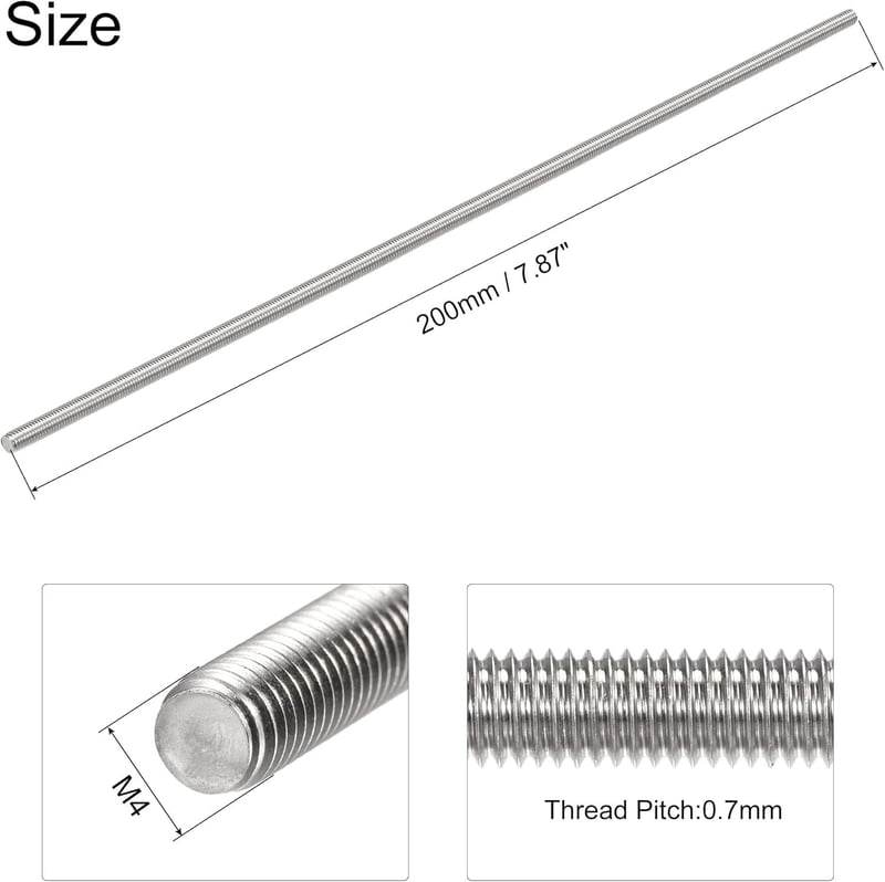 sourcing map M4x200mm Rozsdamentes Menetes Rúd 304 Inox Jobb Menet 4db - M4 x 200mm