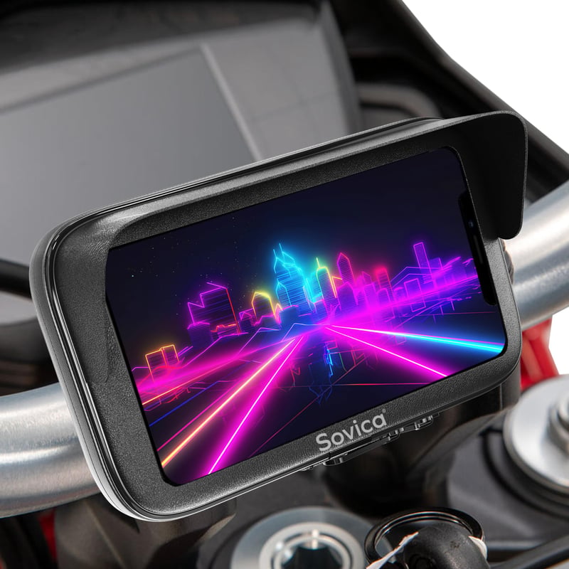 Vodotesný držiak na motocykel Sovica s 2,1 A nabíjačkou, pre smartfóny do 7,5 palca, čierny, so slnečnou clonou a systémom rýchleho upínania