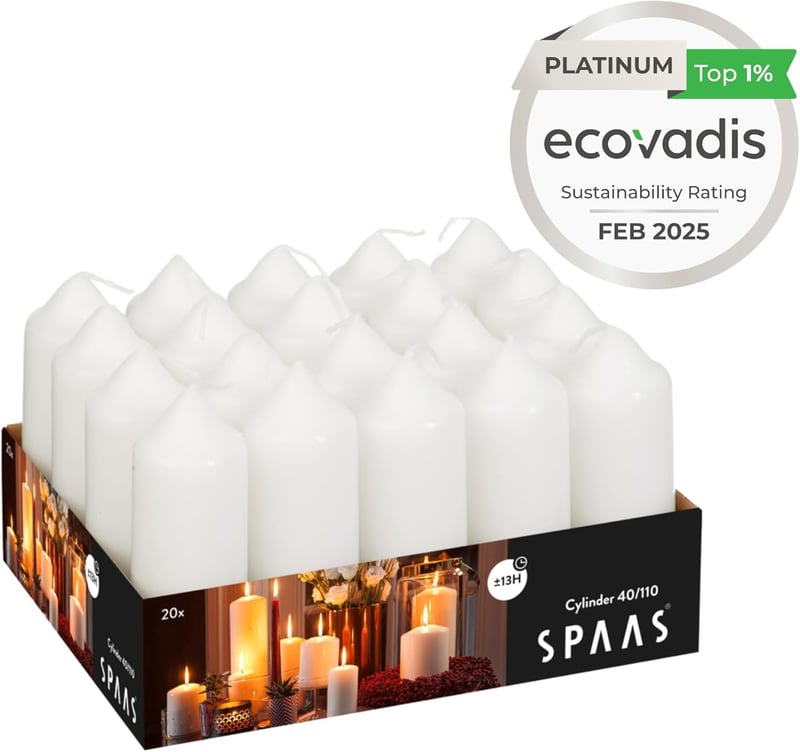 SPAAS 20 db Fehér Pillar Gyertya 38/110 mm, 13 Óra Égési Idő, Szagtalan - White, Single