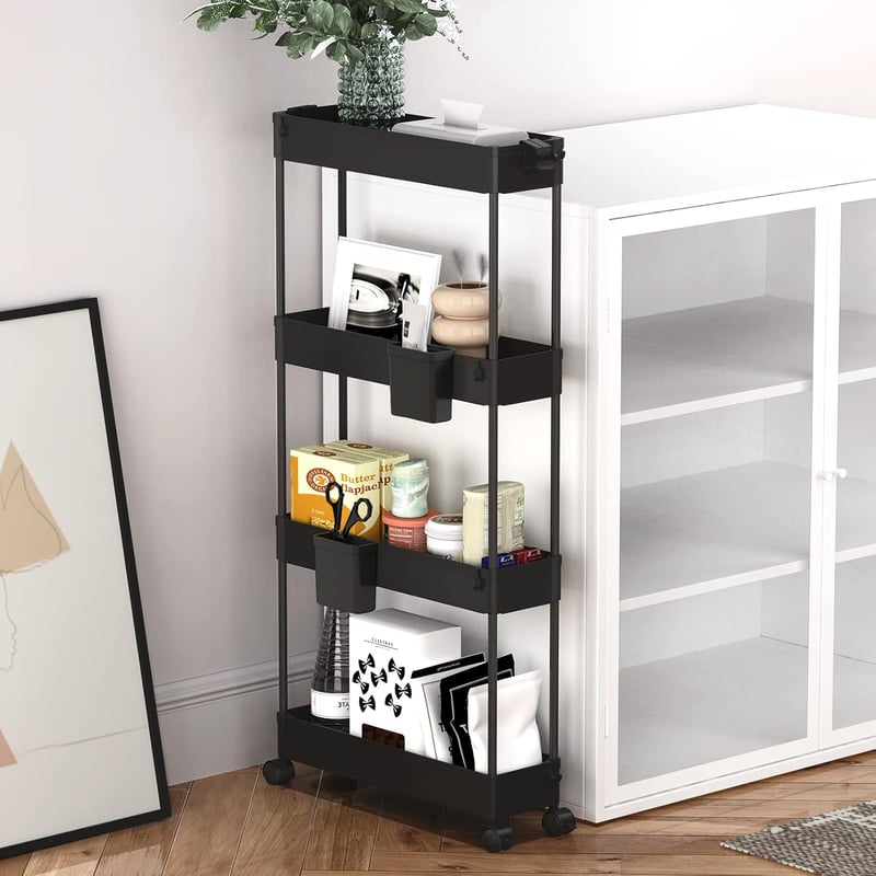 SPACEKEEPER 4 szintes konyhai kocsi gurulós tárolóval, 6 kampóval és 2 tárolóedénnyel