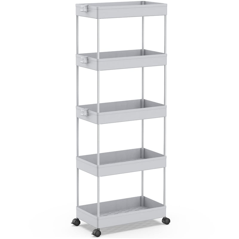 SPACEKEEPER Raft cu Roti pentru Bucătărie, 5 Nivele - Suport de Depozitare Compact pentru Baie, Bucătărie, Birou, Plastic, Gri, 113x40x22 cm