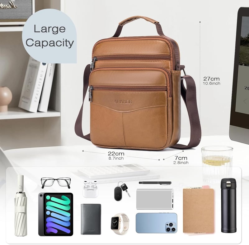 SPAHER Férfi Bőr Táska - Retro Barna Válltáska iPad Kompatibilis, Üzleti Aktatáska, Crossbody Oldaltáska Utazáshoz, Munkához