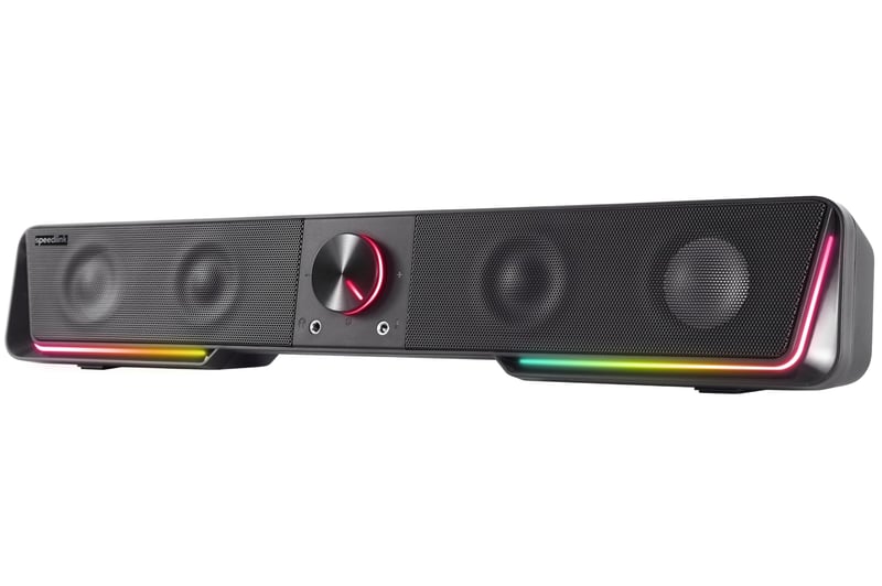 Speedlink Gravity RGB stereo soundbar pre PC – Bluetooth, 3,5 mm jack, RGB podsvietenie, konektor na slúchadlá a mikrofón, čierny