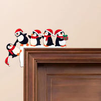 Decorațiune de Crăciun Spetsbst pentru tocul ușii cu motiv de pinguin, ornament festiv din lemn cu două fețe pentru perete, ușă, fereastră, șemineu, cu puncte adezive transparente 1