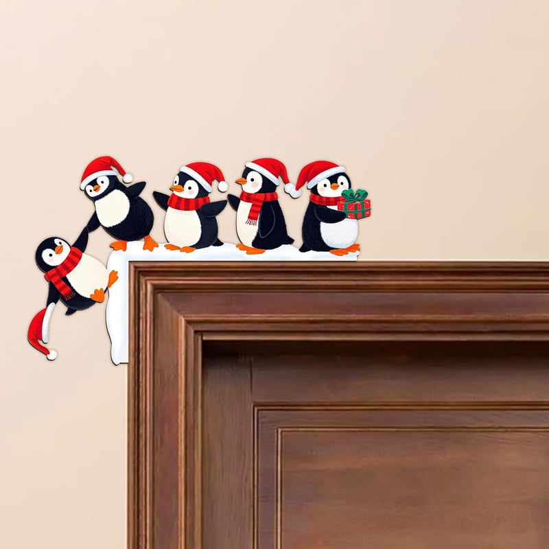 Decorațiune de Crăciun Spetsbst pentru tocul ușii cu motiv de pinguin, ornament festiv din lemn cu două fețe pentru perete, ușă, fereastră, șemineu, cu puncte adezive transparente