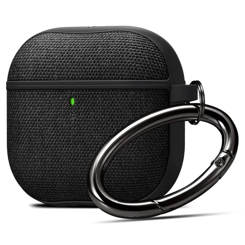 Puzdro Spigen Urban Fit pre Apple AirPods 4 (2024) – PC obal s nylonovým povrchom a karabínou, ochrana proti poškriabaniu, čierna