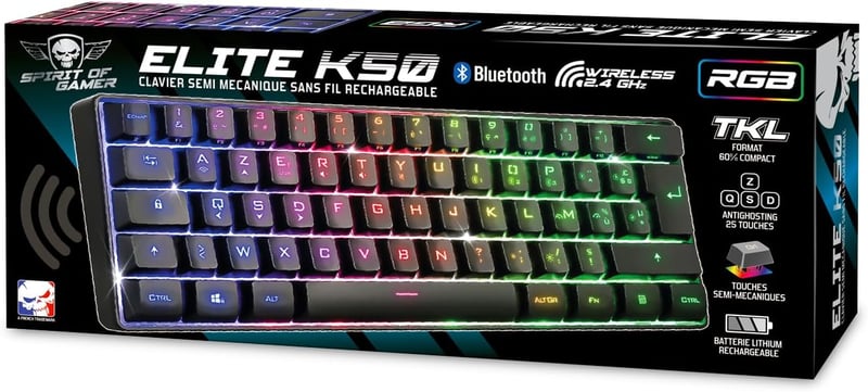SPIRIT OF GAMER Elite K50 Wireless Gaming Billentyűzet RGB Háttérvilágítás 60% TKL Azerty