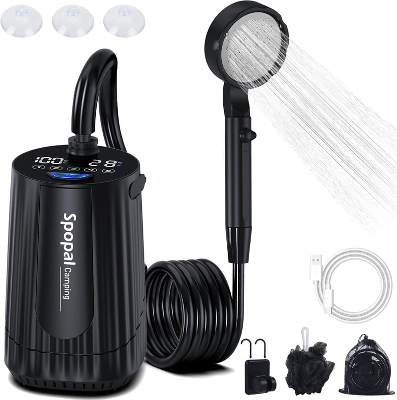 Duș portabil de camping Spopal cu pompă - negru - 10000 mAh