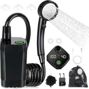 Duș de camping portabil Spopal cu pompă de 6000 mAh, afișaj de temperatură, furtun de 2 m și cap de duș, pentru spălarea mașinii, grădină și plajă
