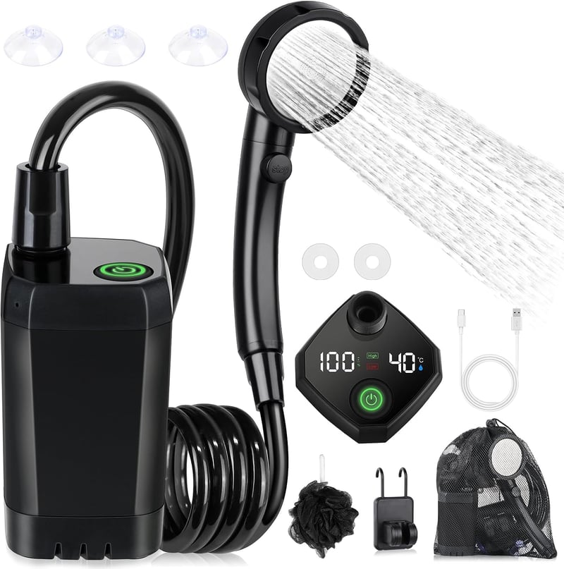 Duș de camping portabil Spopal cu pompă de 6000 mAh, afișaj de temperatură, furtun de 2 m și cap de duș, pentru spălarea mașinii, grădină și plajă