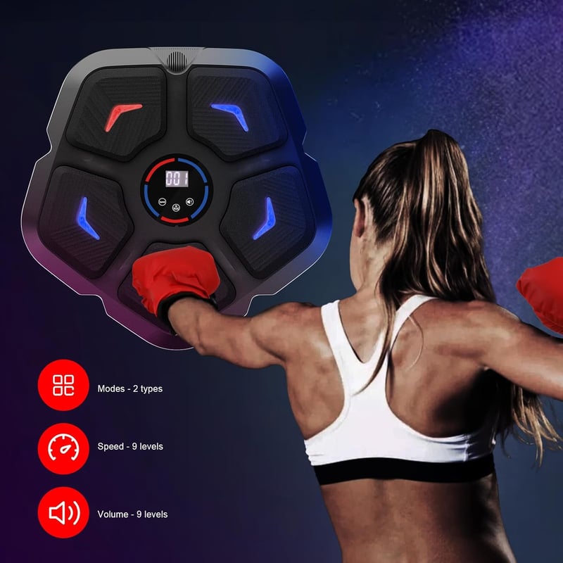 SportBob Bluetooth Zenélő Boxgép - 2 Módú Fali Boxoló Edzőgép 9 Sebességi Szinttel, Hangerőszabályzóval, LED Fényekkel, Gyerekeknek és Felnő
