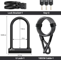 Sportneer 18mm U-lakat 180cm acélkábellel, kerékpár biztonsági zár 6