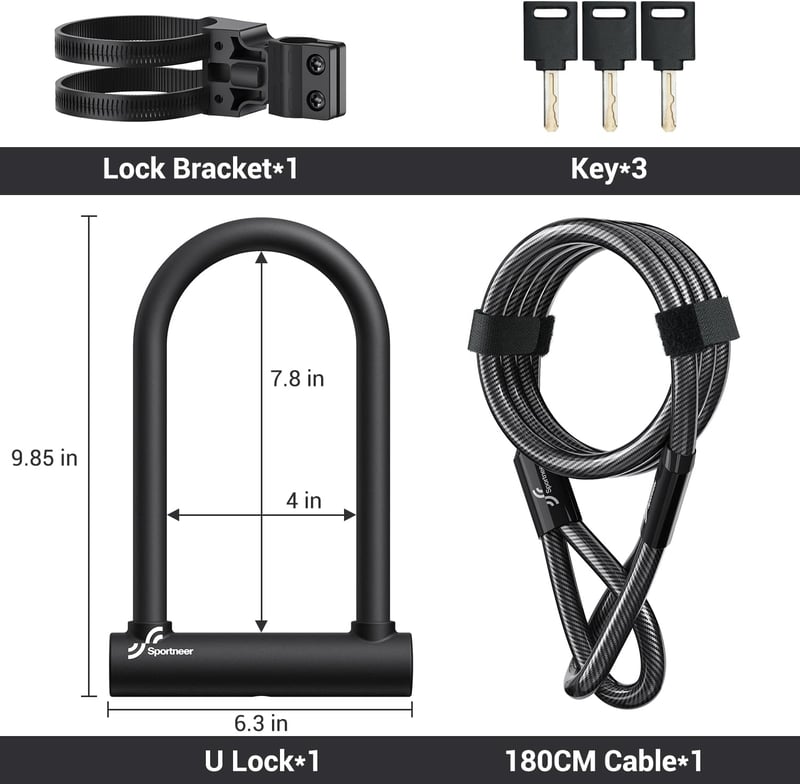 Sportneer 18mm U-lakat 180cm acélkábellel, kerékpár biztonsági zár