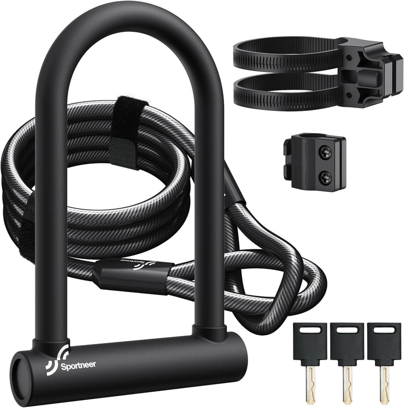 Sportneer 18mm U-lakat 180cm acélkábellel, kerékpár biztonsági zár
