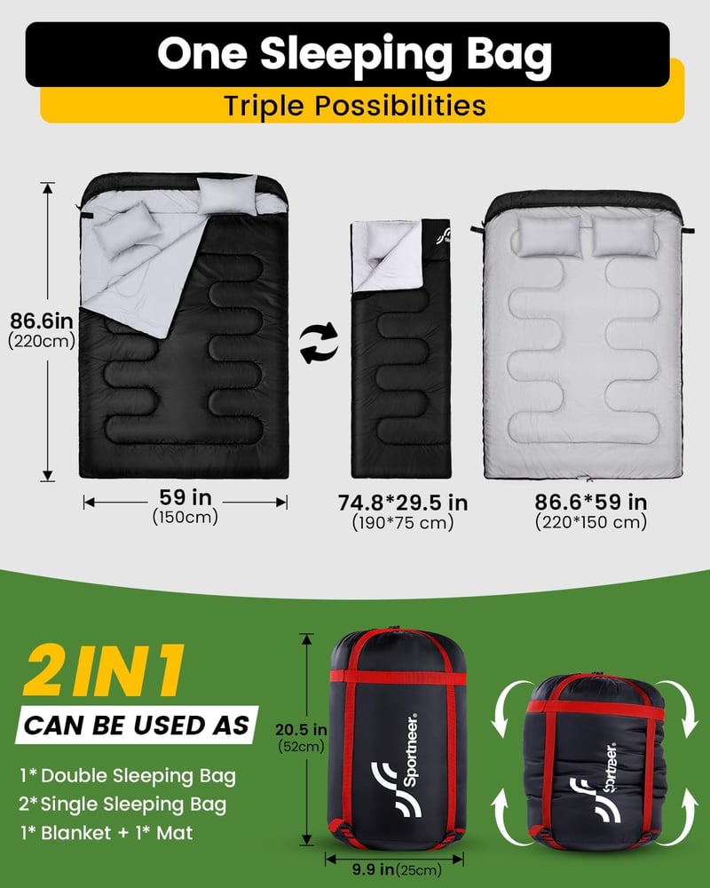 Sportneer 2 személyes hálózsák 220x150 cm, 4 dupla cipzárral és 2 párnával