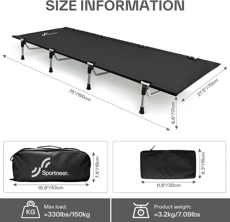 Sportneer 80 cm XXL Összecsukható Kemping Ágy 150 kg Terhelhetőség Könnyű Hordozható