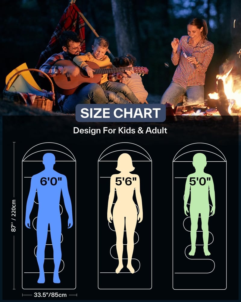 Sportneer Hálózsák Felnőtteknek és Gyerekeknek - 3 Évszakos Vízálló Túrazsák 220x75cm - Könnyű Kempingzsák Cipzáras Aljjal 10-25°C