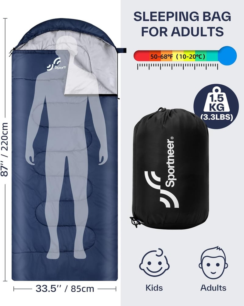 Sportneer Hálózsák Felnőtteknek és Gyerekeknek - 3 Évszakos Vízálló Túrazsák 220x75cm - Könnyű Kempingzsák Cipzáras Aljjal 10-25°C
