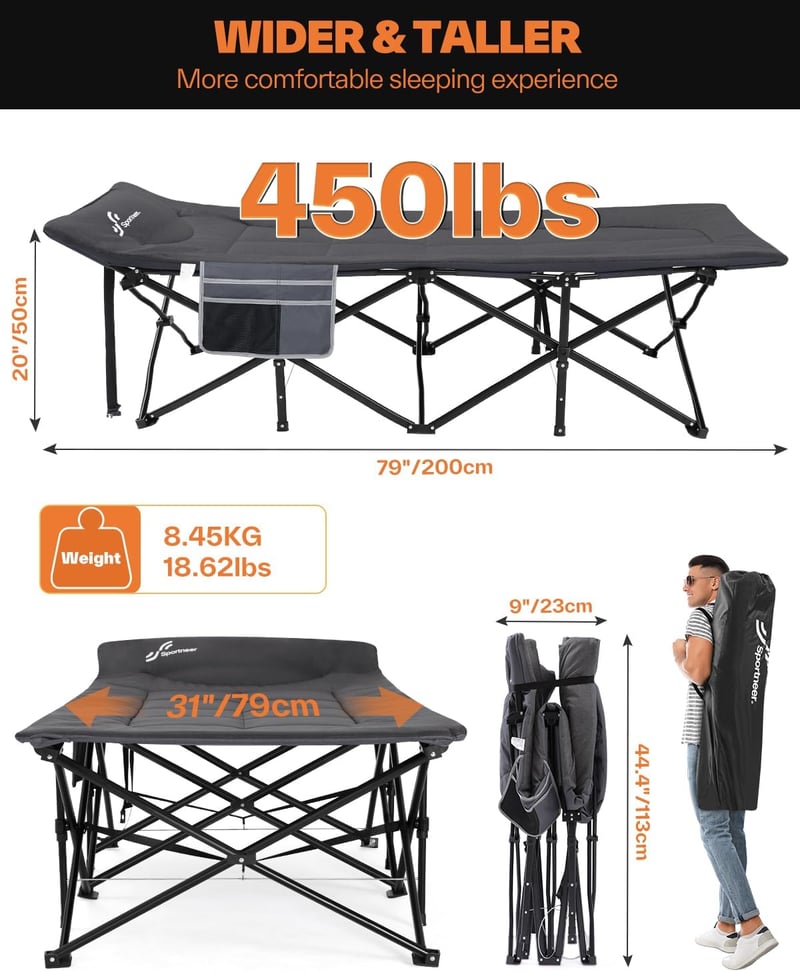 Sportneer Összecsukható Kemping Ágy 204 kg Terhelhetőség Utazáshoz Kerthez - larger: 200 x 79 x 50 cm, Grey