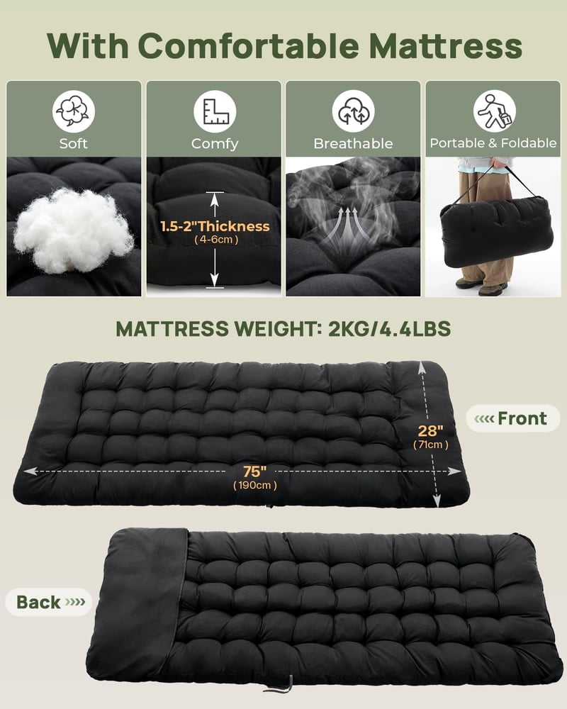 Sportneer Összecsukható Kemping Ágy Matraccal 71/81cm 204kg Terhelhetőség - Army Green + Black