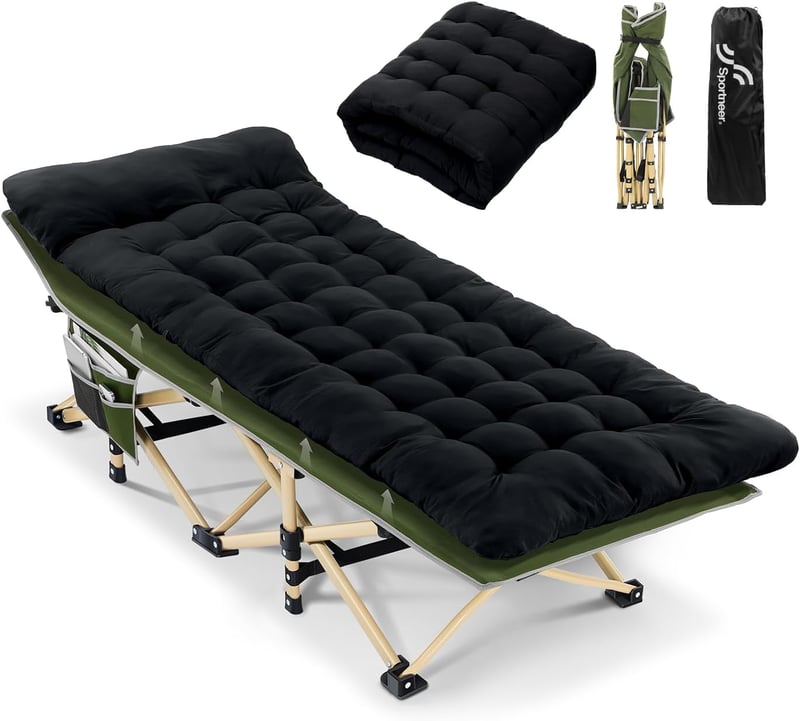 Sportneer Összecsukható Kemping Ágy Matraccal 71/81cm 204kg Terhelhetőség - Army Green + Black