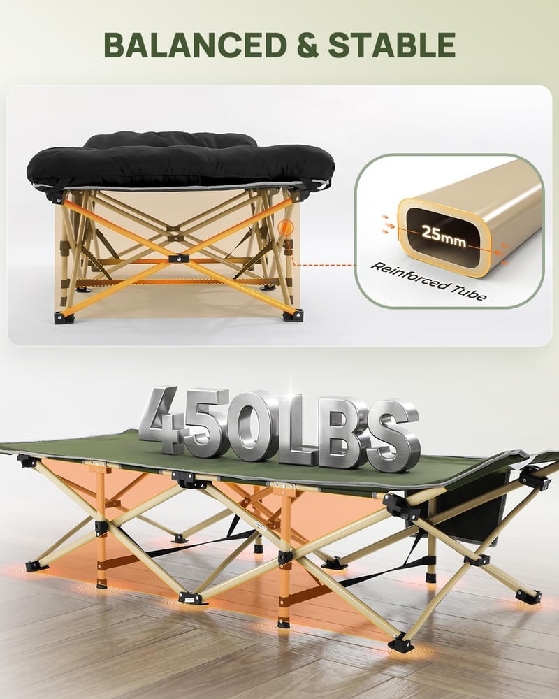 Sportneer Összecsukható Kemping Ágy Matraccal 71/81cm 204kg Terhelhetőség - Army Green + Black