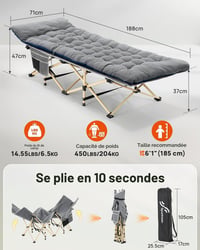 Pătuț de camping pliabil Sportneer cu saltea pentru adulți, 71/81 cm, o persoană, capacitate maximă 204 kg, pentru camping, călătorii, acasă, grădină 3