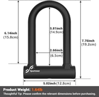 Sportneer U-Lock 17mm Kerékpárzár Kábellel - Országúti, Hegyi és E-Bike Zárhoz 3
