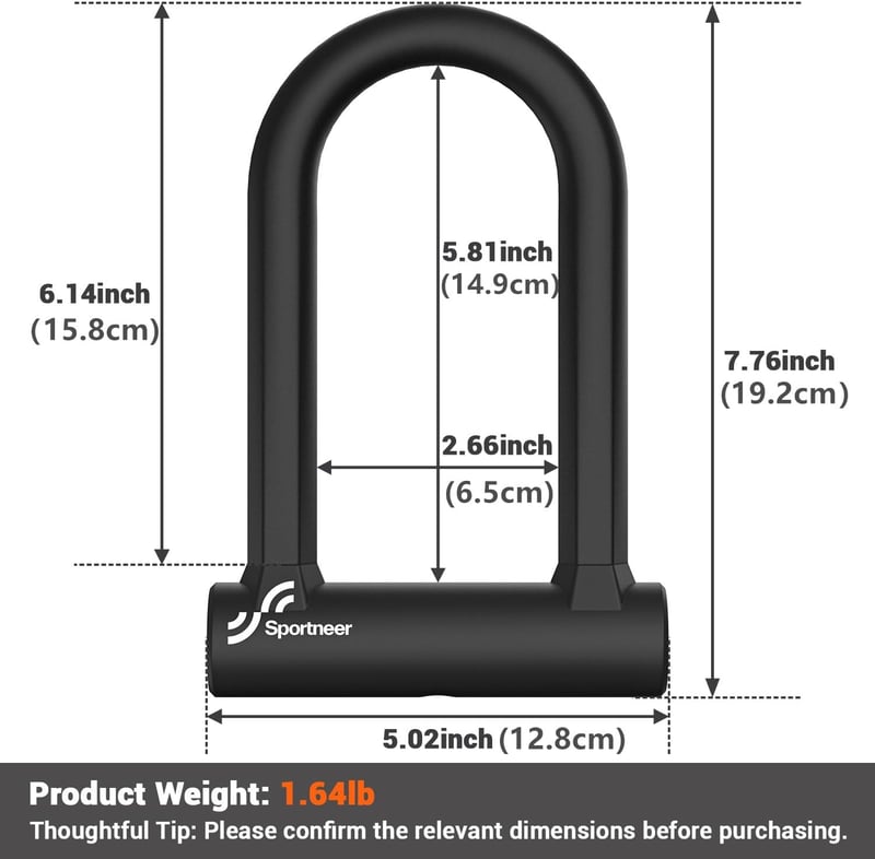 Sportneer U-Lock 17mm Kerékpárzár Kábellel - Országúti, Hegyi és E-Bike Zárhoz