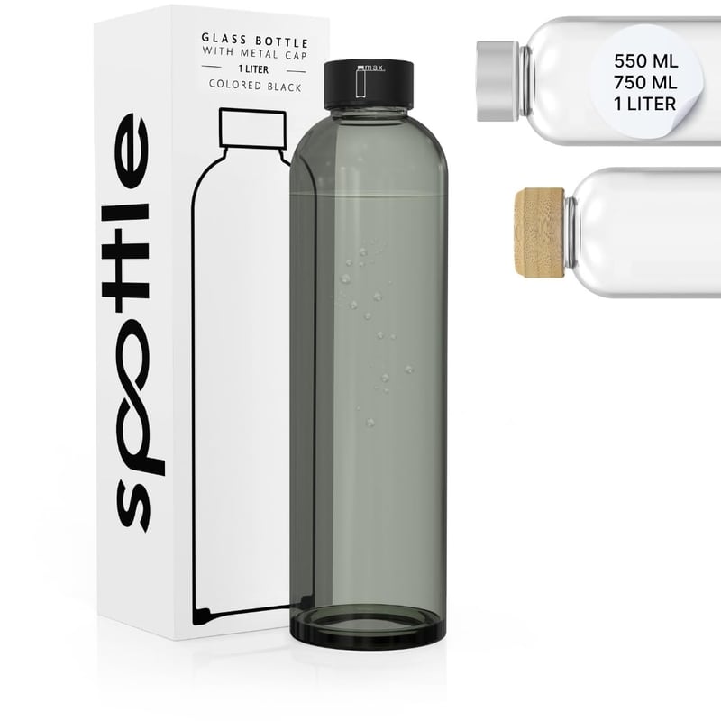 Sklenená fľaša na vodu spottle 500 ml, 750 ml a 1 l – Sklenená fľaša vhodná aj na sýtené nápoje – Vhodná do umývačky riadu a nepriepustná fľaša na vodu