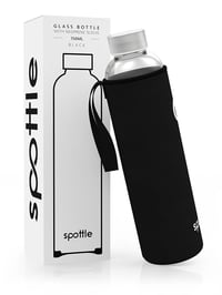 Sklenená fľaša spottle 750 ml s neoprénovým obalom – Čierna, skrutkovací uzáver z nehrdzavejúcej ocele – Vhodná aj na sýtené nápoje – Fľaša na pitie bez BPA na doma, do kancelárie a do posilňovne 1