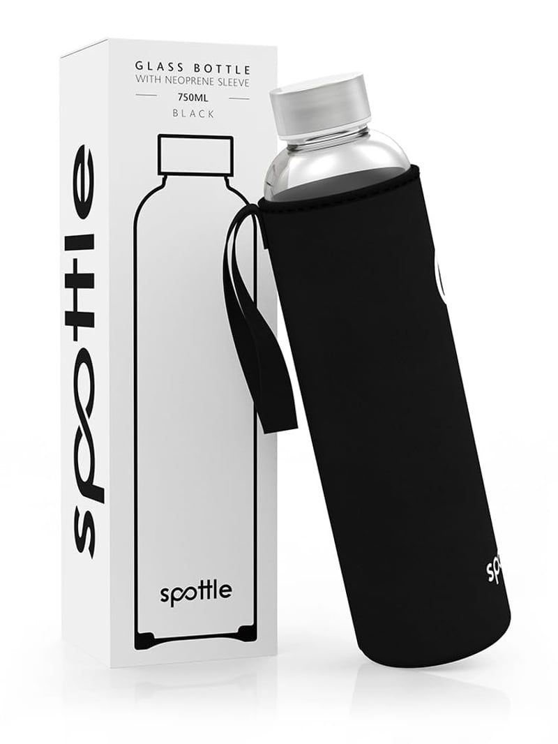 Sklenená fľaša spottle 750 ml s neoprénovým obalom – Čierna, skrutkovací uzáver z nehrdzavejúcej ocele – Vhodná aj na sýtené nápoje – Fľaša na pitie bez BPA na doma, do kancelárie a do posilňovne