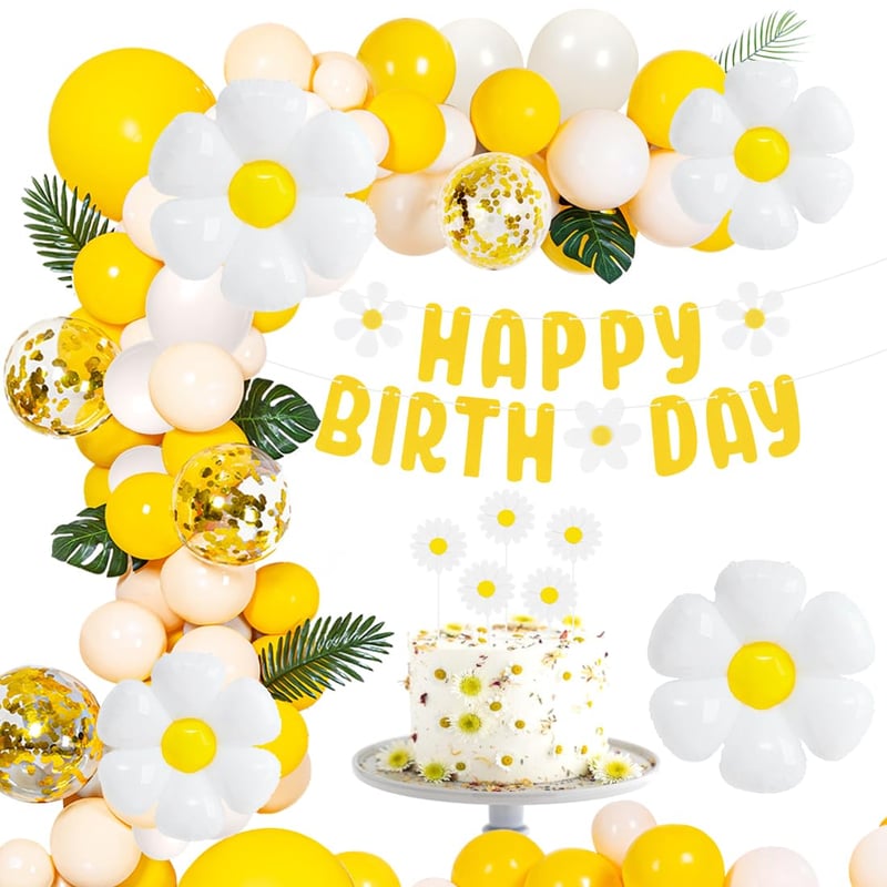 Sprinlot XXL sedmokráska fóliový balónový set s girlandou Happy Birthday, bielo-žltá kvetinová párty dekorácia pre dievčatá, narodeniny, svadba, bábätko