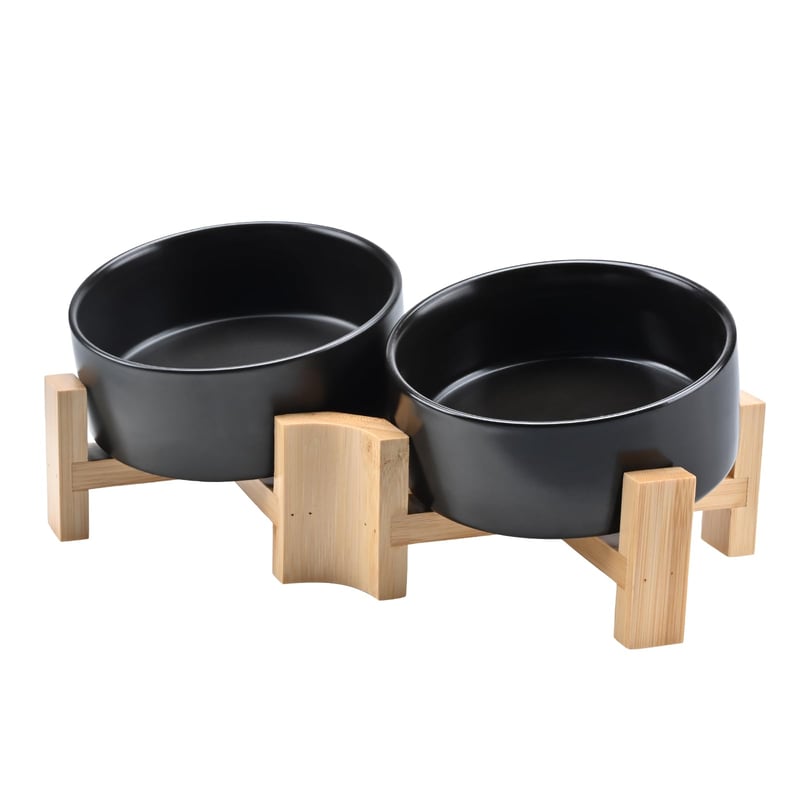 SPUNKYJUNKY Keramička posuda za hranu s drvenim stalkom nagnuta 15° - 2x400ml Crna zdjela za pse s ravnom njuškom, protuklizna
