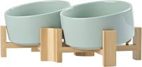 SPUNKYJUNKY 15° Dönthető Kerámia Tál Fa Állvánnyal, Kutyák és Macskák Számára, 2x850ml, Morandi Zöld 1