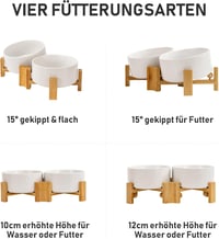 SPUNKYJUNKY Dönthető Kerámia Dupla Tálca Bambusz Állvánnyal Kutyáknak Macskáknak 850ml Fehér 3