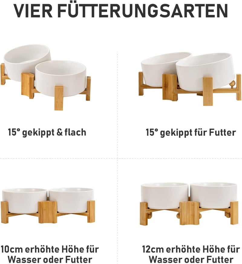 SPUNKYJUNKY Dönthető Kerámia Dupla Tálca Bambusz Állvánnyal Kutyáknak Macskáknak 850ml Fehér