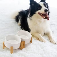 SPUNKYJUNKY Dönthető Kerámia Dupla Tálca Bambusz Állvánnyal Kutyáknak Macskáknak 850ml Fehér 7
