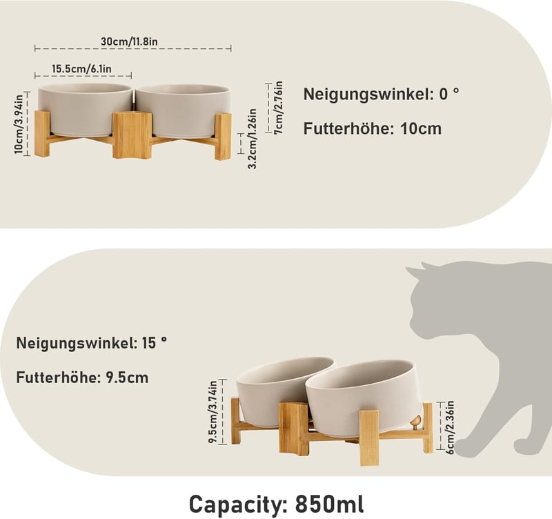 SPUNKYJUNKY Dönthető Kerámia Dupla Tálka Bambusz Állvánnyal Kutyáknak Macskáknak 850ml Szürke