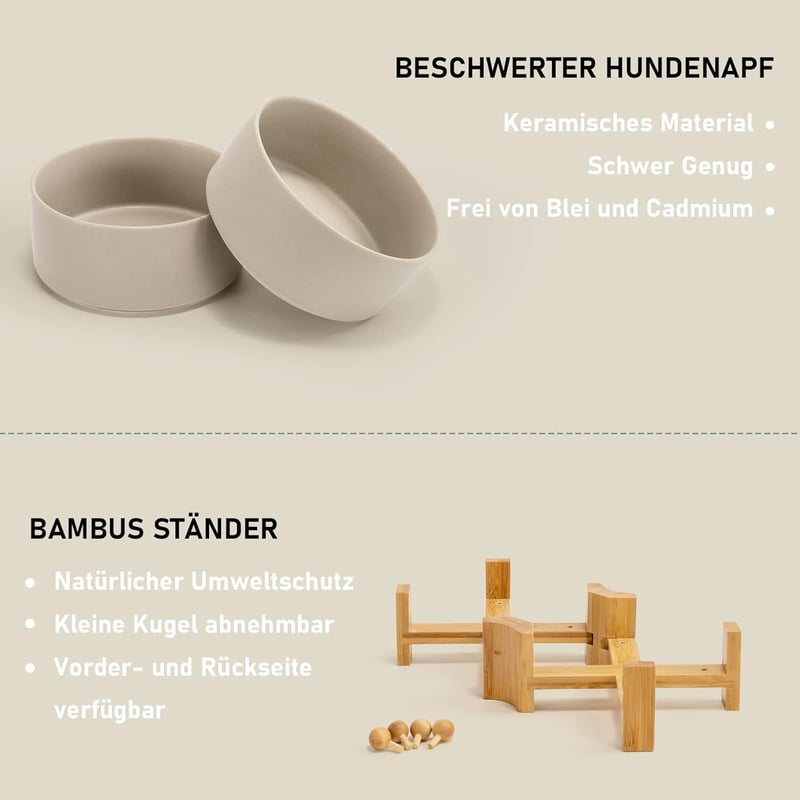 SPUNKYJUNKY Dönthető Kerámia Dupla Tálka Bambusz Állvánnyal Kutyáknak Macskáknak 850ml Szürke