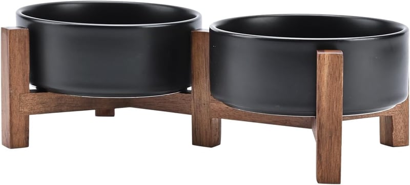 SPUNKYJUNKY Dupla Kerámia Tálka Macskának és Kutyának Fa Állvánnyal 400ml Fekete