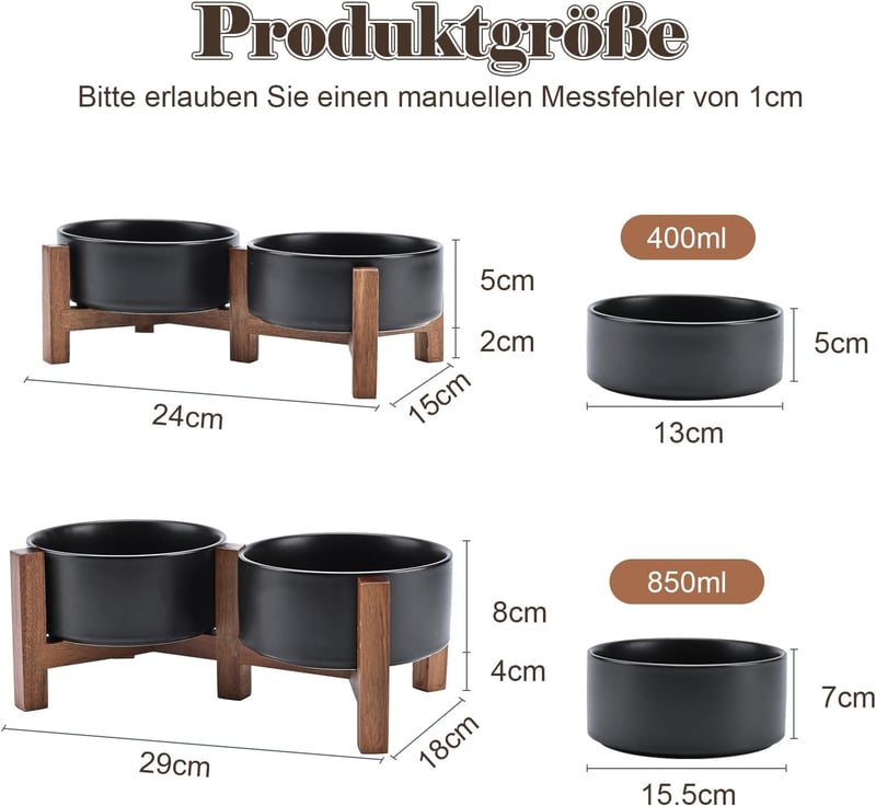 SPUNKYJUNKY Dupla Kerámia Tálka Macskának és Kutyának Fa Állvánnyal 400ml Fekete